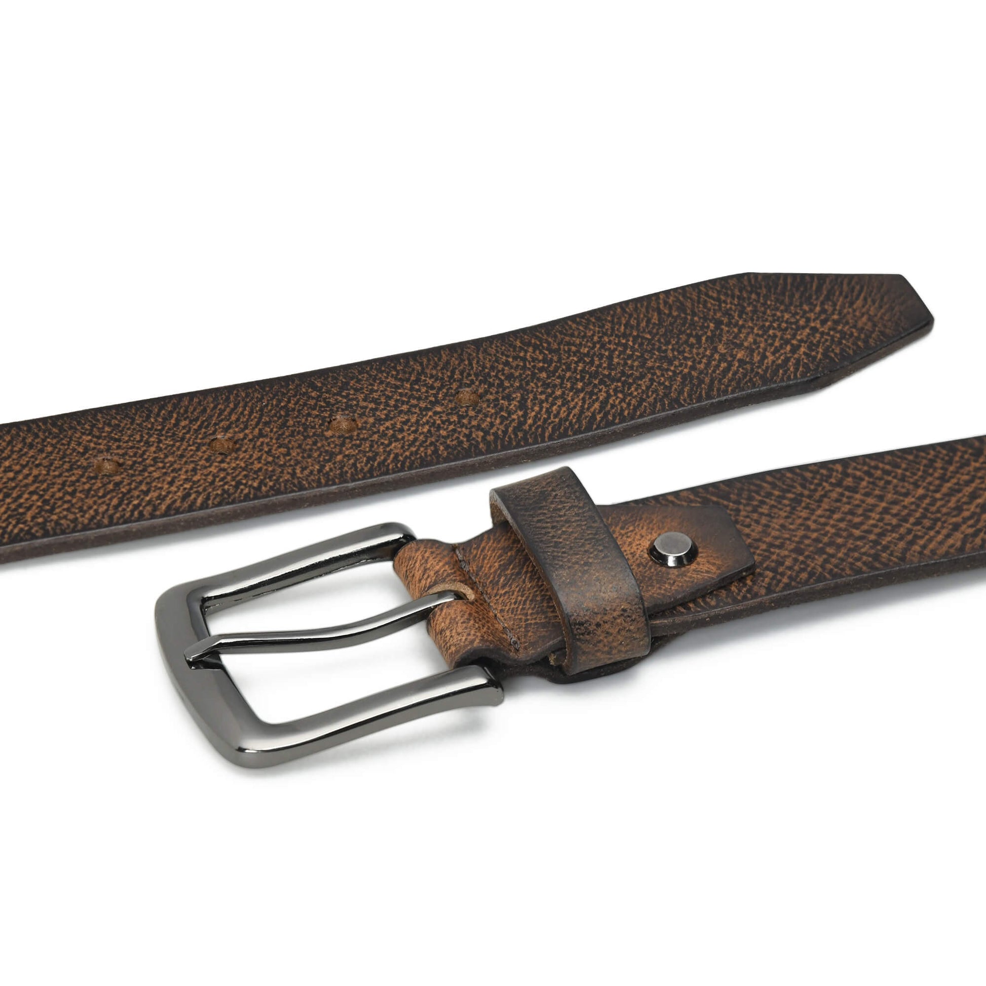Carven Distressed Full Grain Mens Leather Belt Hand-Finished Flat Lay Dark Brown