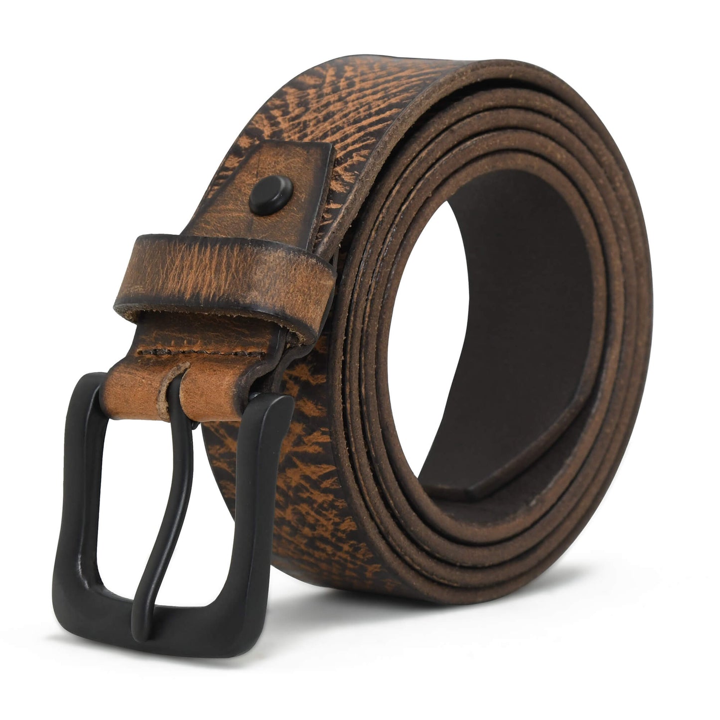 Carven Distressed Full Grain Mens Leather Belt Hand-Finished Matte Black Dark Brown