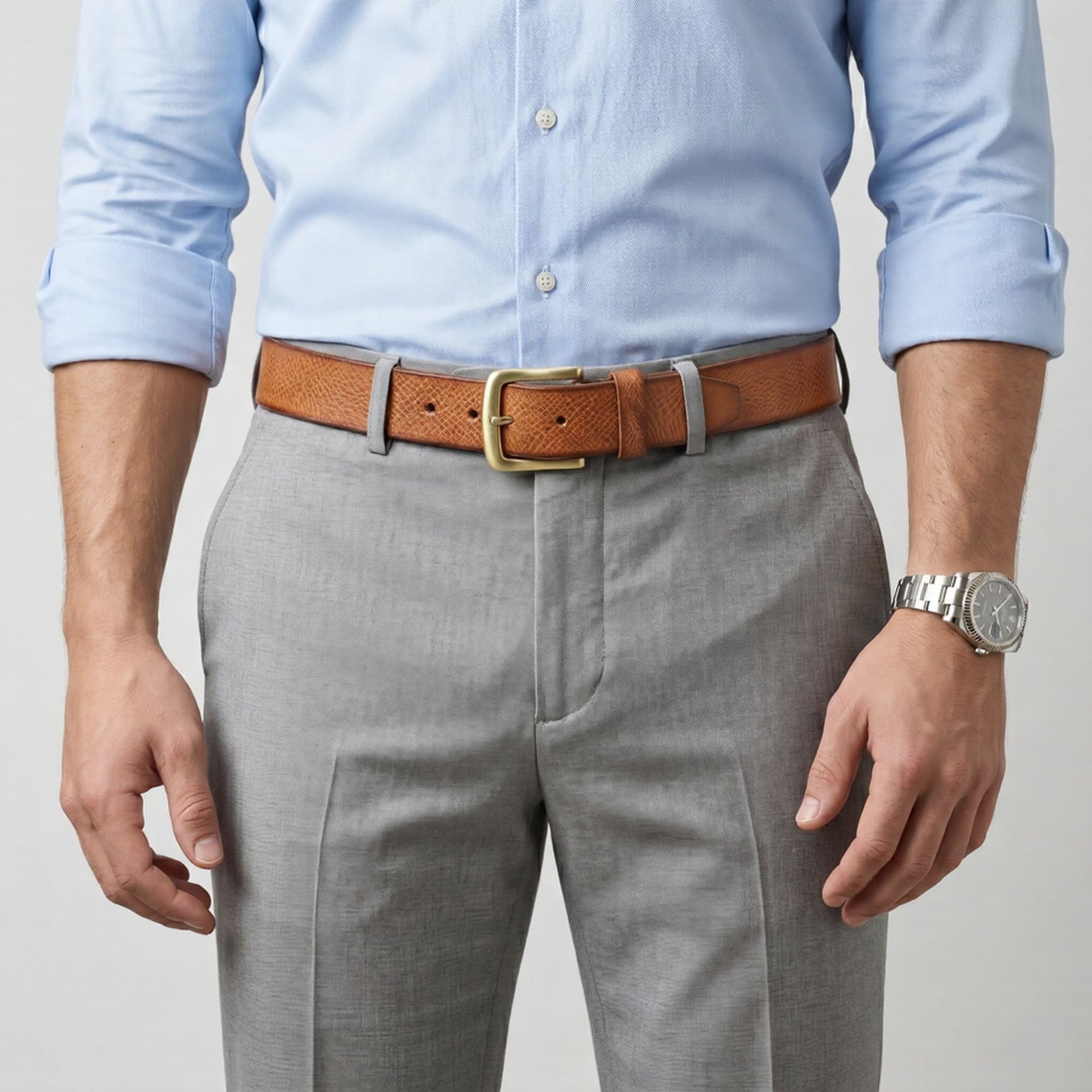Carven Distressed Full Grain Mens Leather Belt Hand-Finished Model Wear Cognac