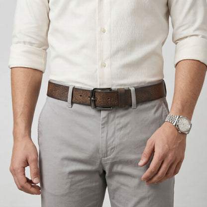 Carven Distressed Full Grain Mens Leather Belt Hand-Finished Model Wear Dark Brown