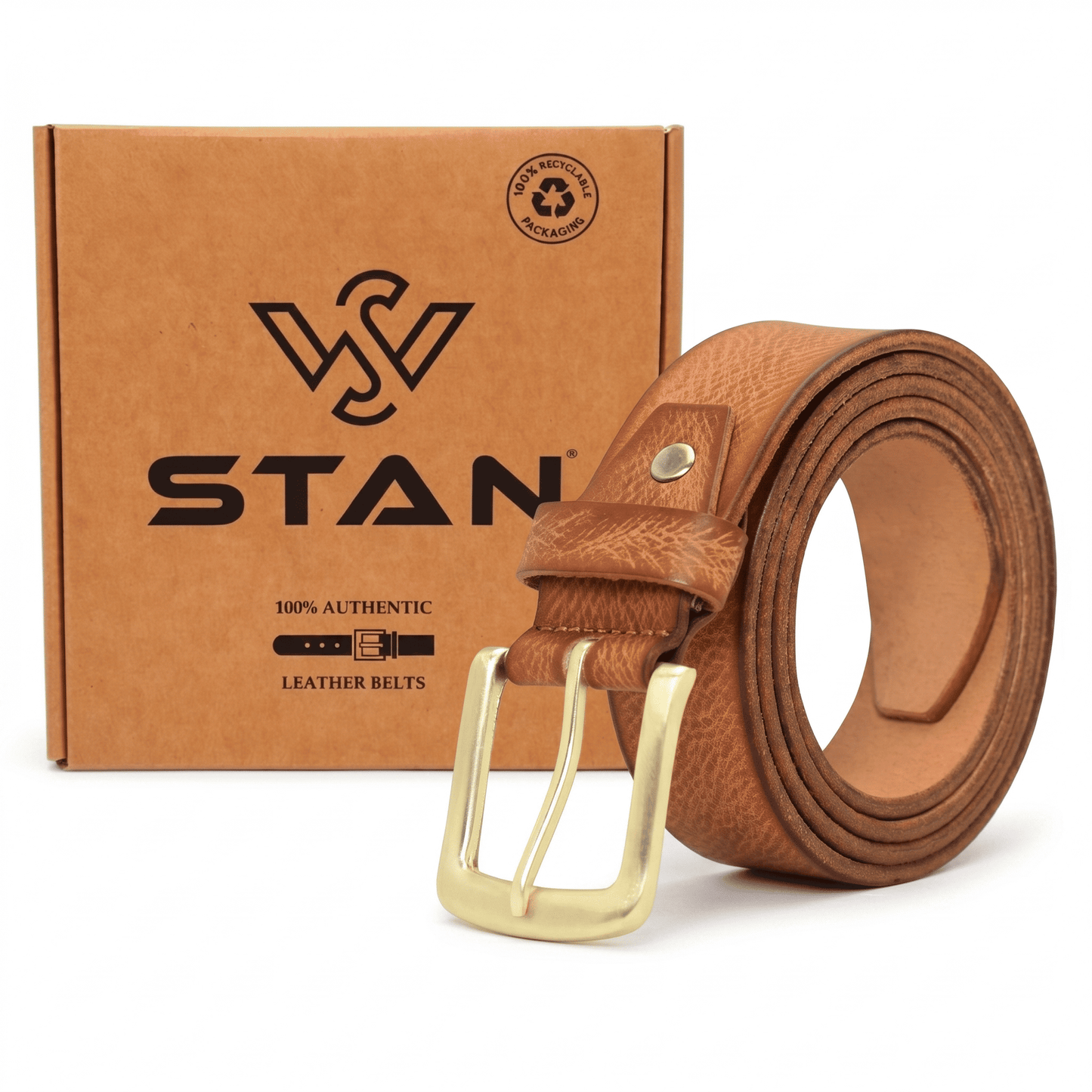 Carven Distressed Full Grain Mens Leather Belt Hand-Finished with Box Cognac
