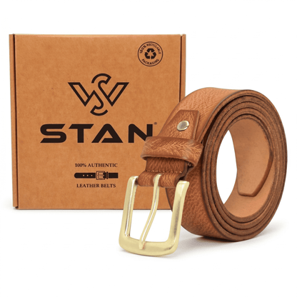 Carven Distressed Full Grain Mens Leather Belt Hand-Finished with Box Cognac