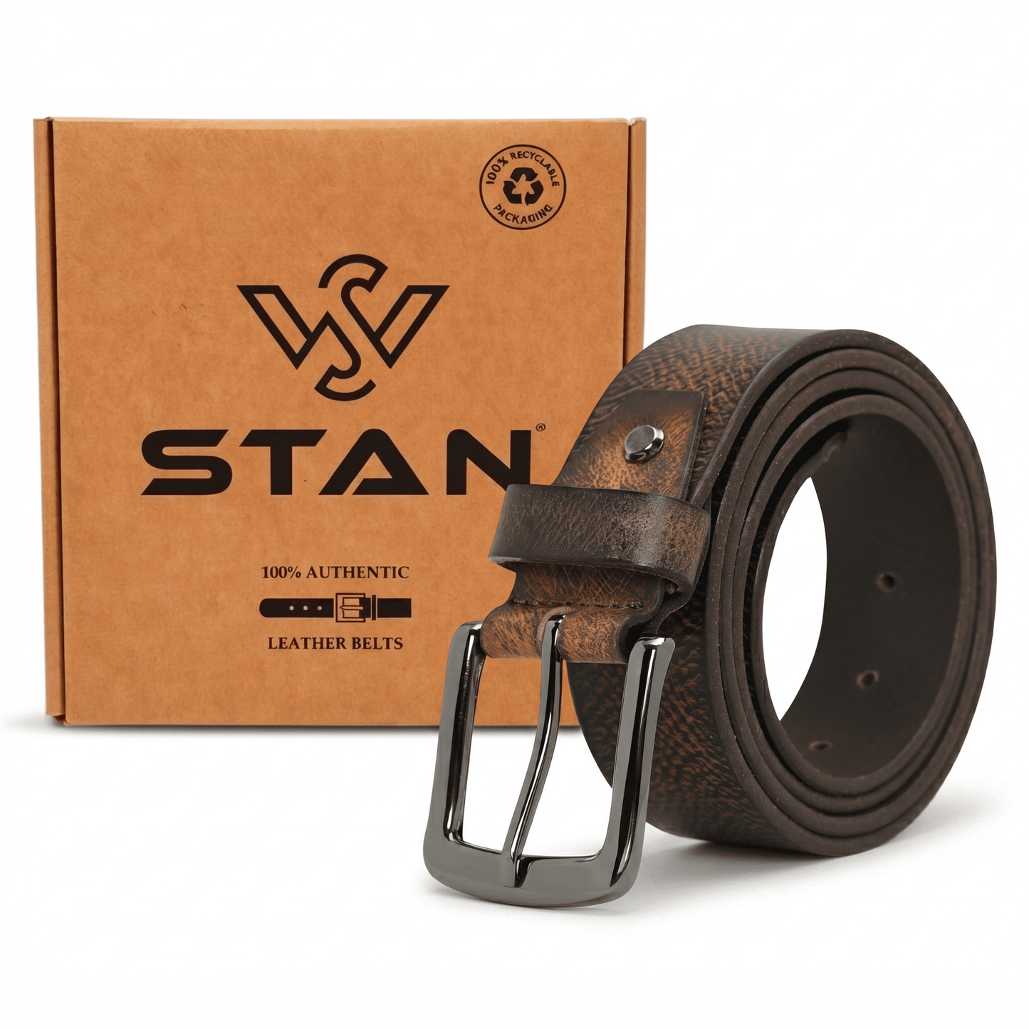 Carven Distressed Full Grain Mens Leather Belt Hand-Finished with Box Dark Brown