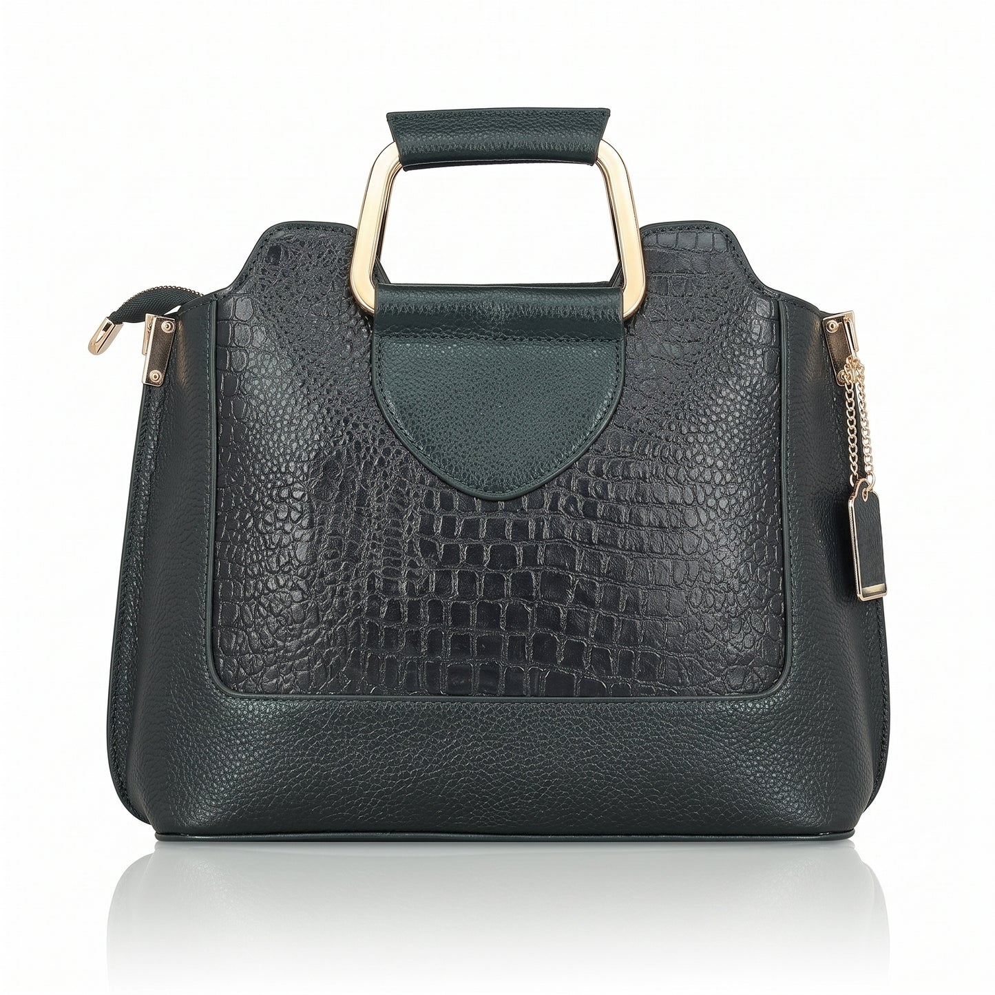 Corvia Croc Full Grain Leather Metal Top Handle Satchel Bag Back Gunmetal Green