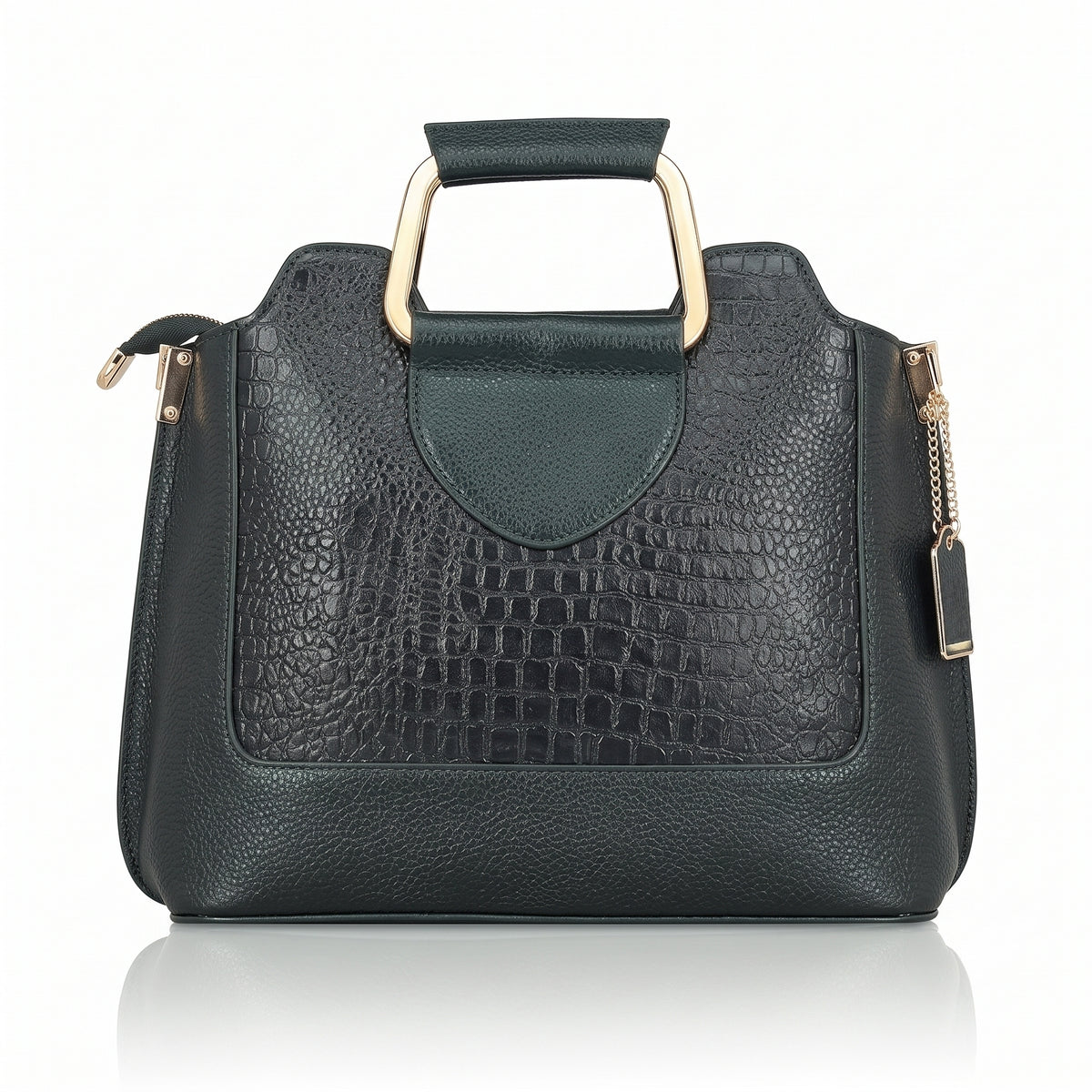 Corvia Croc Full Grain Leather Metal Top Handle Satchel Bag Back Gunmetal Green