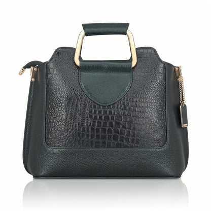 Corvia Croc Full Grain Leather Metal Top Handle Satchel Bag Back Gunmetal Green