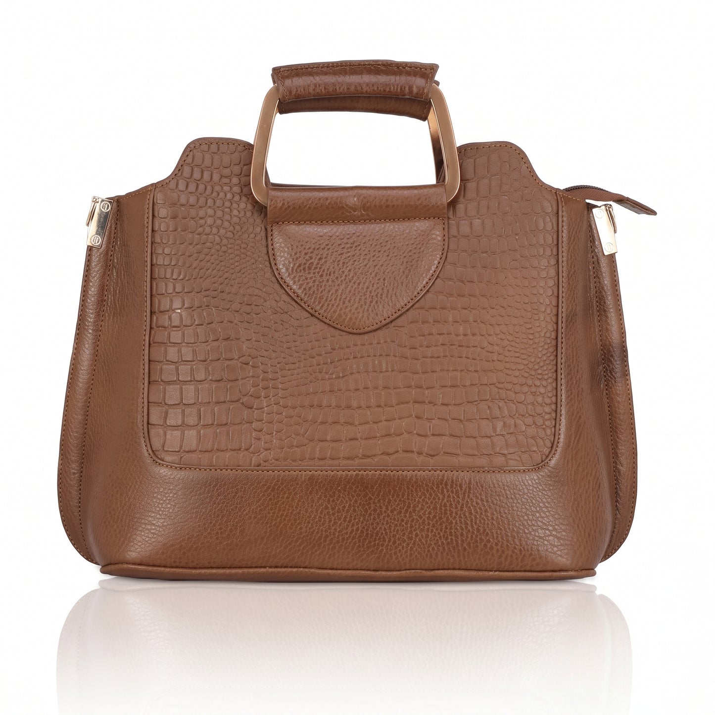Corvia Croc Full Grain Leather Metal Top Handle Satchel Bag Back Saddle Tan