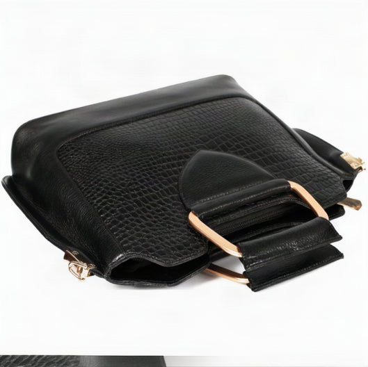 Corvia Croc Full Grain Leather Metal Top Handle Satchel Bag Flat Black