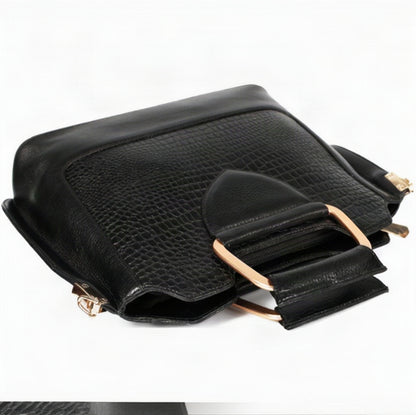 Corvia Croc Full Grain Leather Metal Top Handle Satchel Bag Flat Black
