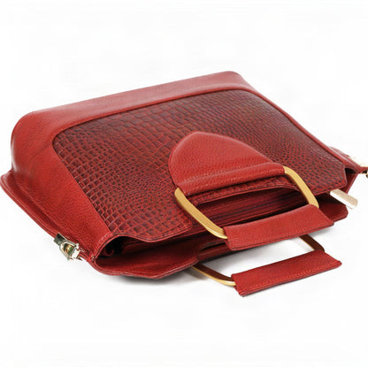 Corvia Croc Full Grain Leather Metal Top Handle Satchel Bag Flat Brick Red