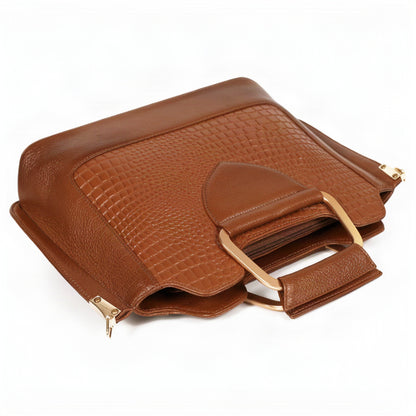 Corvia Croc Full Grain Leather Metal Top Handle Satchel Bag Flat Chestnut Brown