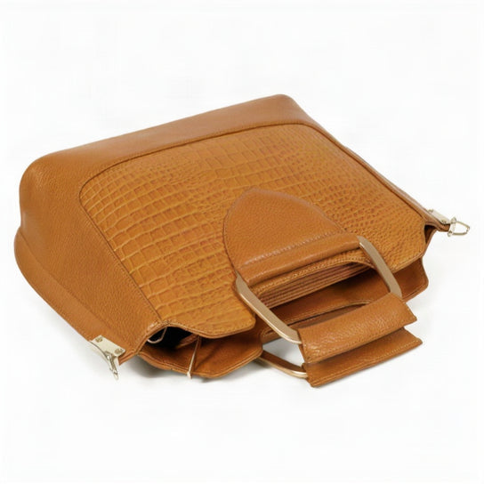 Corvia Croc Full Grain Leather Metal Top Handle Satchel Bag Flat Cognac