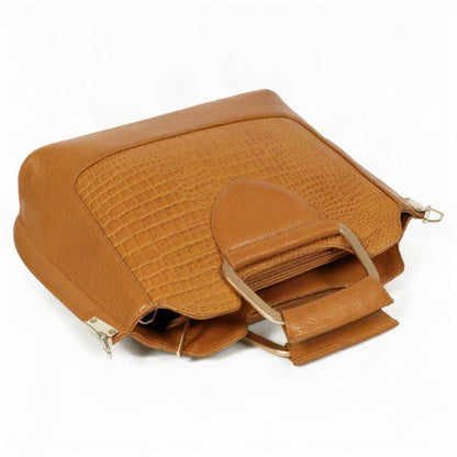 Corvia Croc Full Grain Leather Metal Top Handle Satchel Bag Flat Cognac