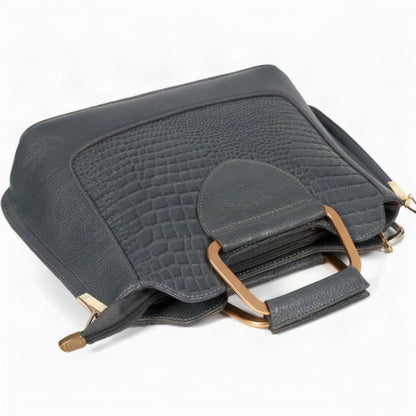 Corvia Croc Full Grain Leather Metal Top Handle Satchel Bag Flat  Graphite Gray