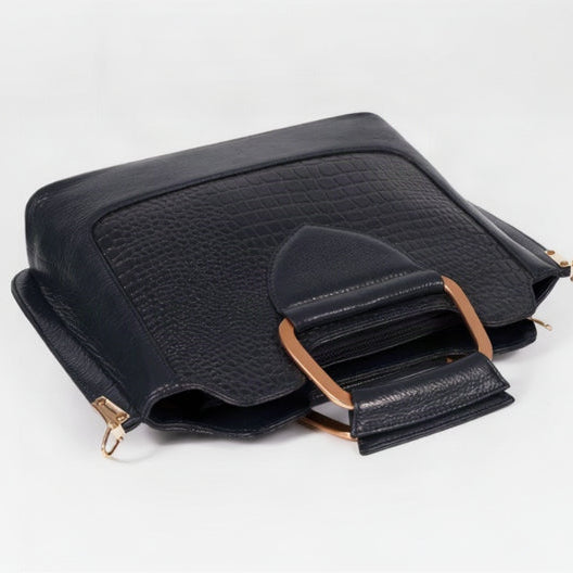 Corvia Croc Full Grain Leather Metal Top Handle Satchel Bag Flat Midnight Navy