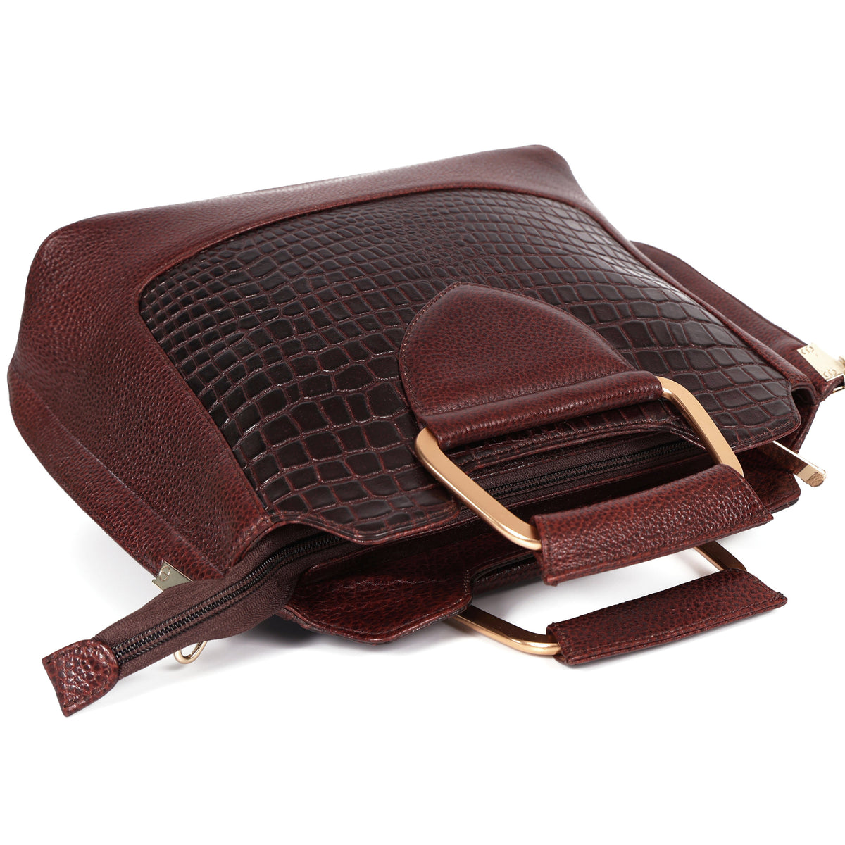 Corvia Croc Full Grain Leather Metal Top Handle Satchel Bag Handle Flat Oxblood Brown