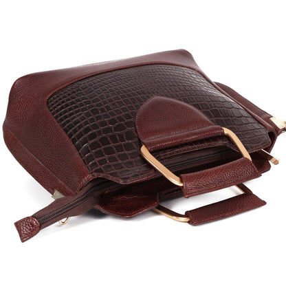 Corvia Croc Full Grain Leather Metal Top Handle Satchel Bag Handle Flat Oxblood Brown