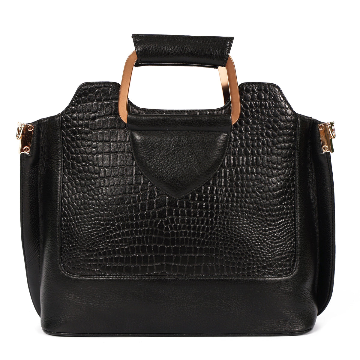 Corvia Croc Full Grain Leather Metal Top Handle Satchel Bag Hero Black