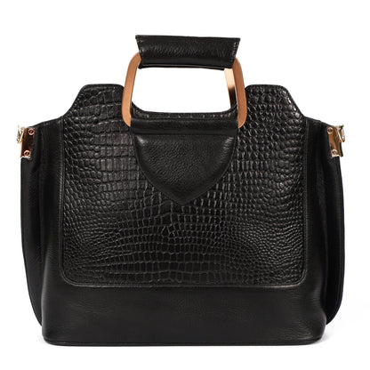 Corvia Croc Full Grain Leather Metal Top Handle Satchel Bag Hero Black