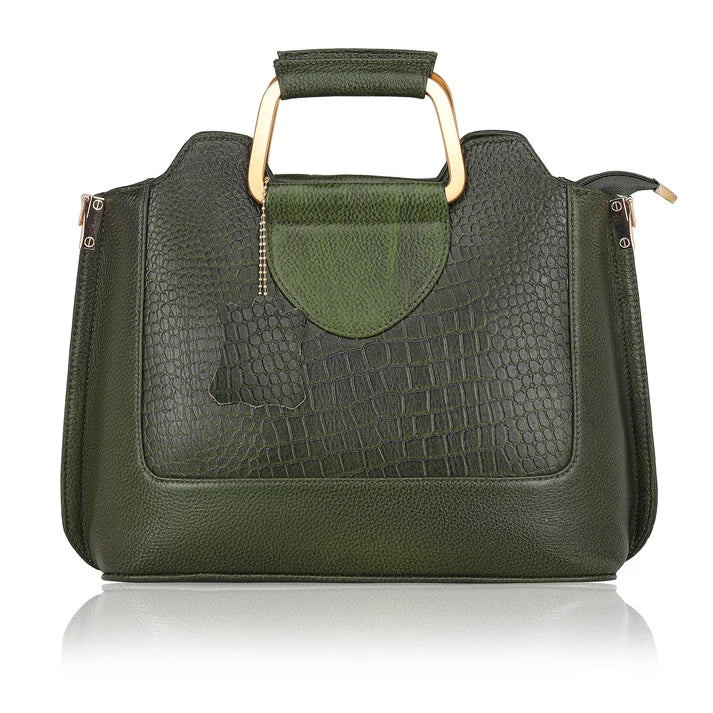Corvia Croc Full Grain Leather Metal Top Handle Satchel Bag Hero Camouflage Green