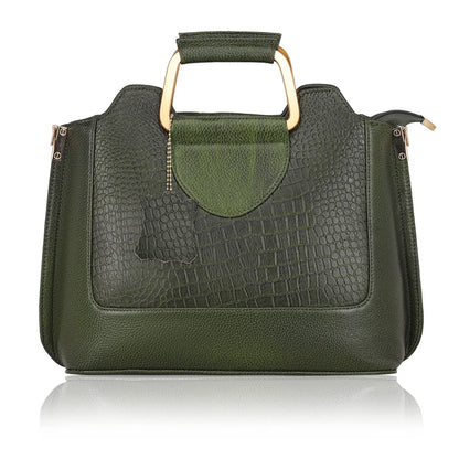 Corvia Croc Full Grain Leather Metal Top Handle Satchel Bag Hero Camouflage Green