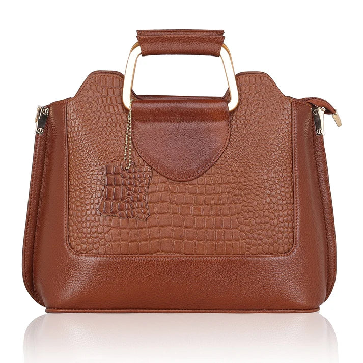 Corvia Croc Full Grain Leather Metal Top Handle Satchel Bag Hero Chestnut Brown