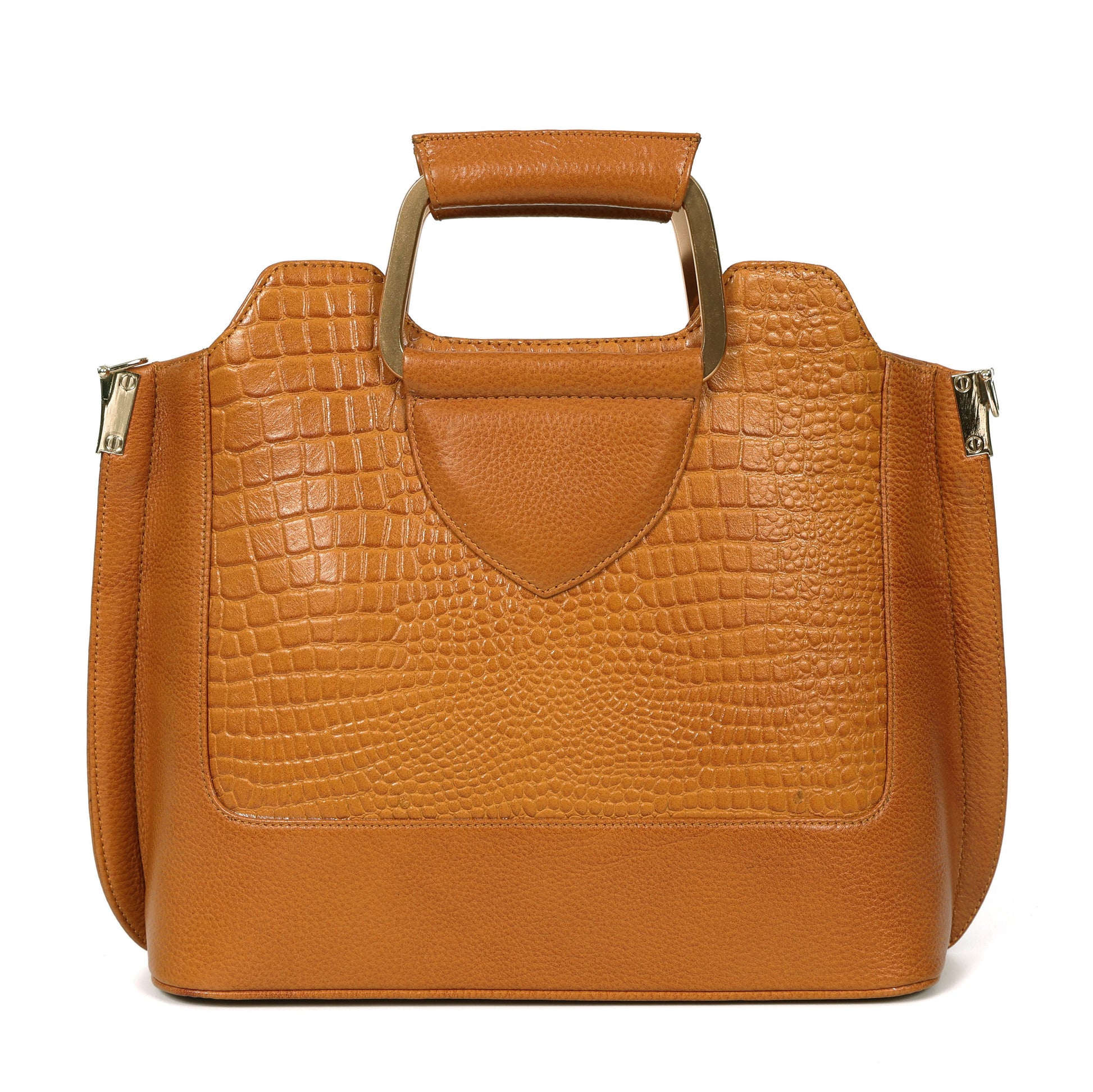 Corvia Croc Full Grain Leather Metal Top Handle Satchel Bag Hero Cognac