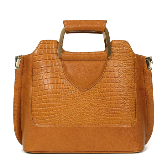 Corvia Croc Full Grain Leather Metal Top Handle Satchel Bag Hero Cognac