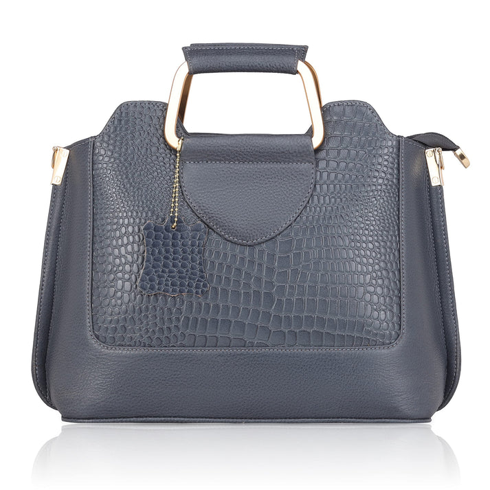 Corvia Croc Full Grain Leather Metal Top Handle Satchel Bag Hero  Graphite Gray