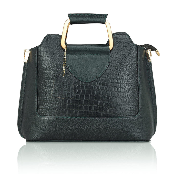 Corvia Croc Full Grain Leather Metal Top Handle Satchel Bag Hero Gunmetal Green