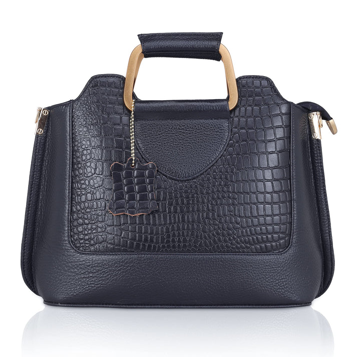 Corvia Croc Full Grain Leather Metal Top Handle Satchel Bag Hero Midnight Navy
