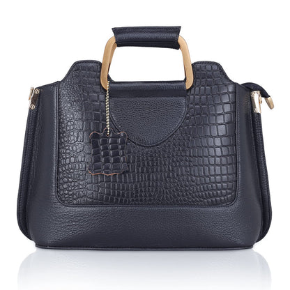 Corvia Croc Full Grain Leather Metal Top Handle Satchel Bag Hero Midnight Navy