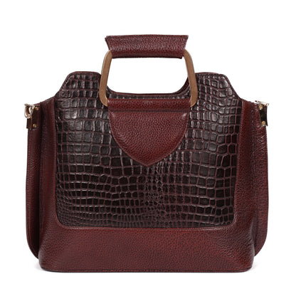 Corvia Croc Full Grain Leather Metal Top Handle Satchel Bag Hero Oxblood Brown