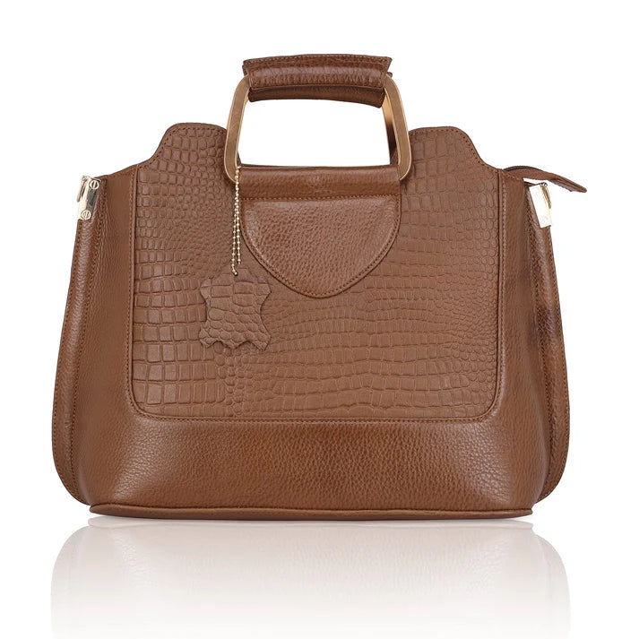 Corvia Croc Full Grain Leather Metal Top Handle Satchel Bag Hero Saddle Tan