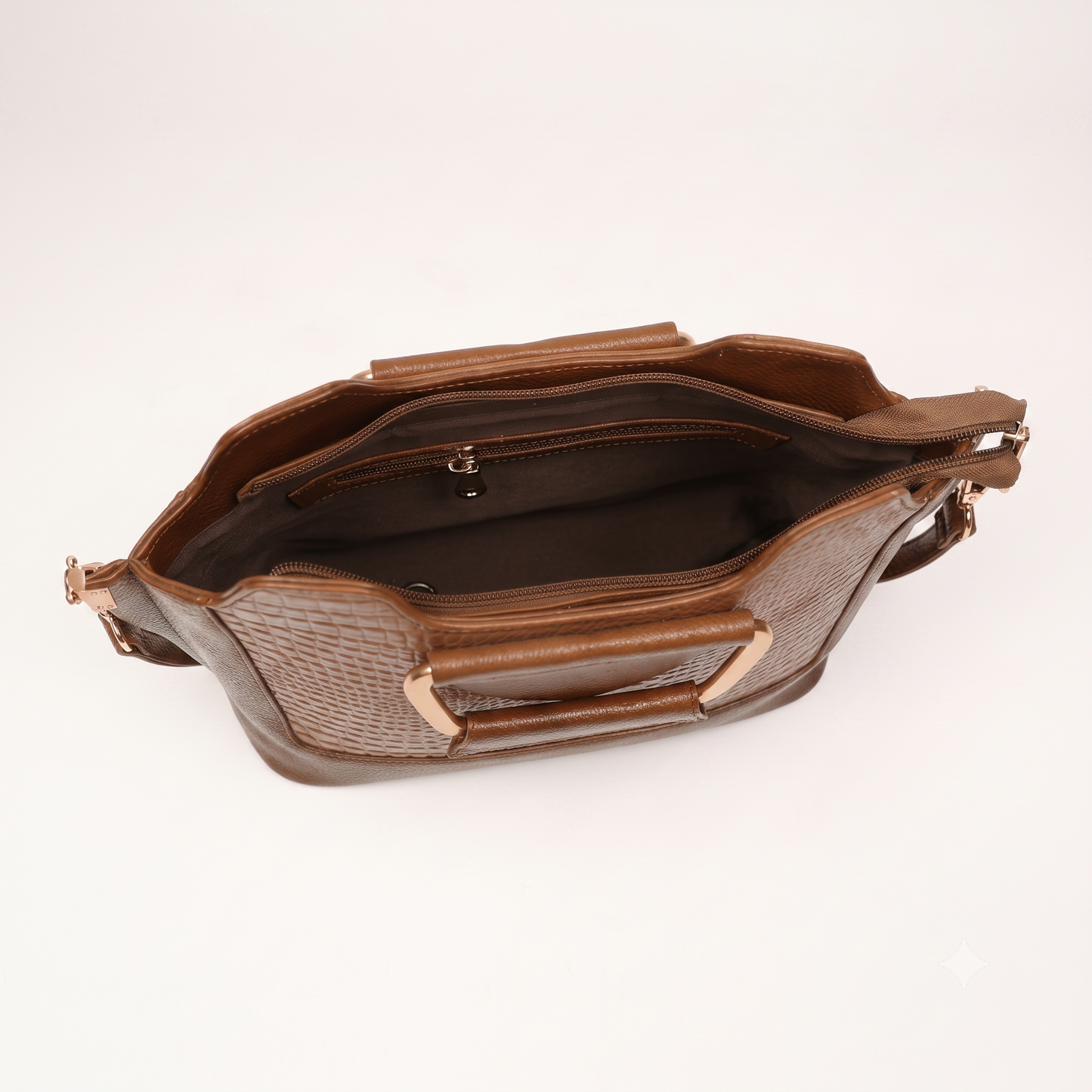 Corvia Croc Full Grain Leather Metal Top Handle Satchel Bag Open Chestnut Brown
