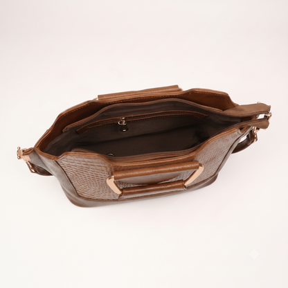 Corvia Croc Full Grain Leather Metal Top Handle Satchel Bag Open Chestnut Brown
