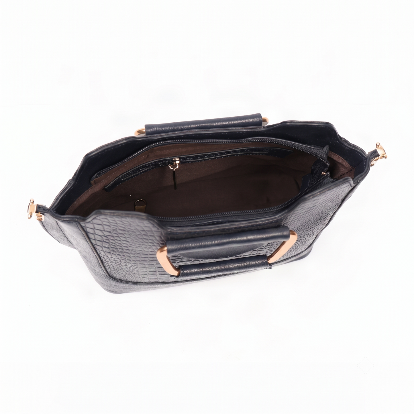 Corvia Croc Full Grain Leather Metal Top Handle Satchel Bag Open Midnight Navy