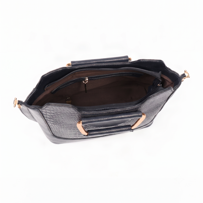 Corvia Croc Full Grain Leather Metal Top Handle Satchel Bag Open Midnight Navy