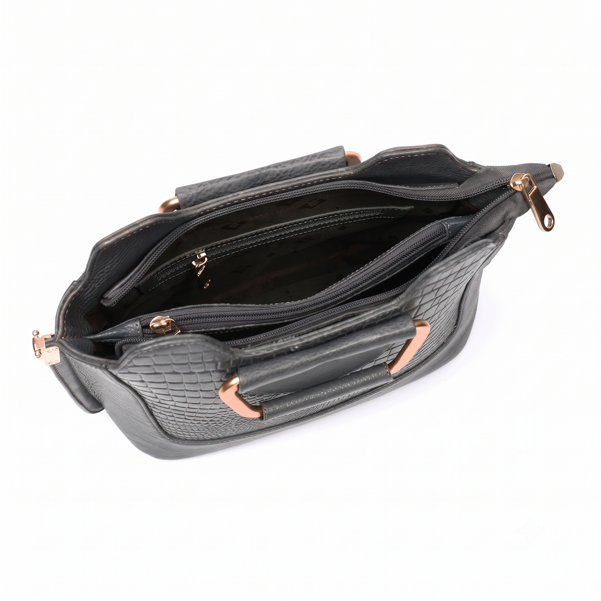 Corvia Croc Full Grain Leather Metal Top Handle Satchel Bag Open Graphite Gray
