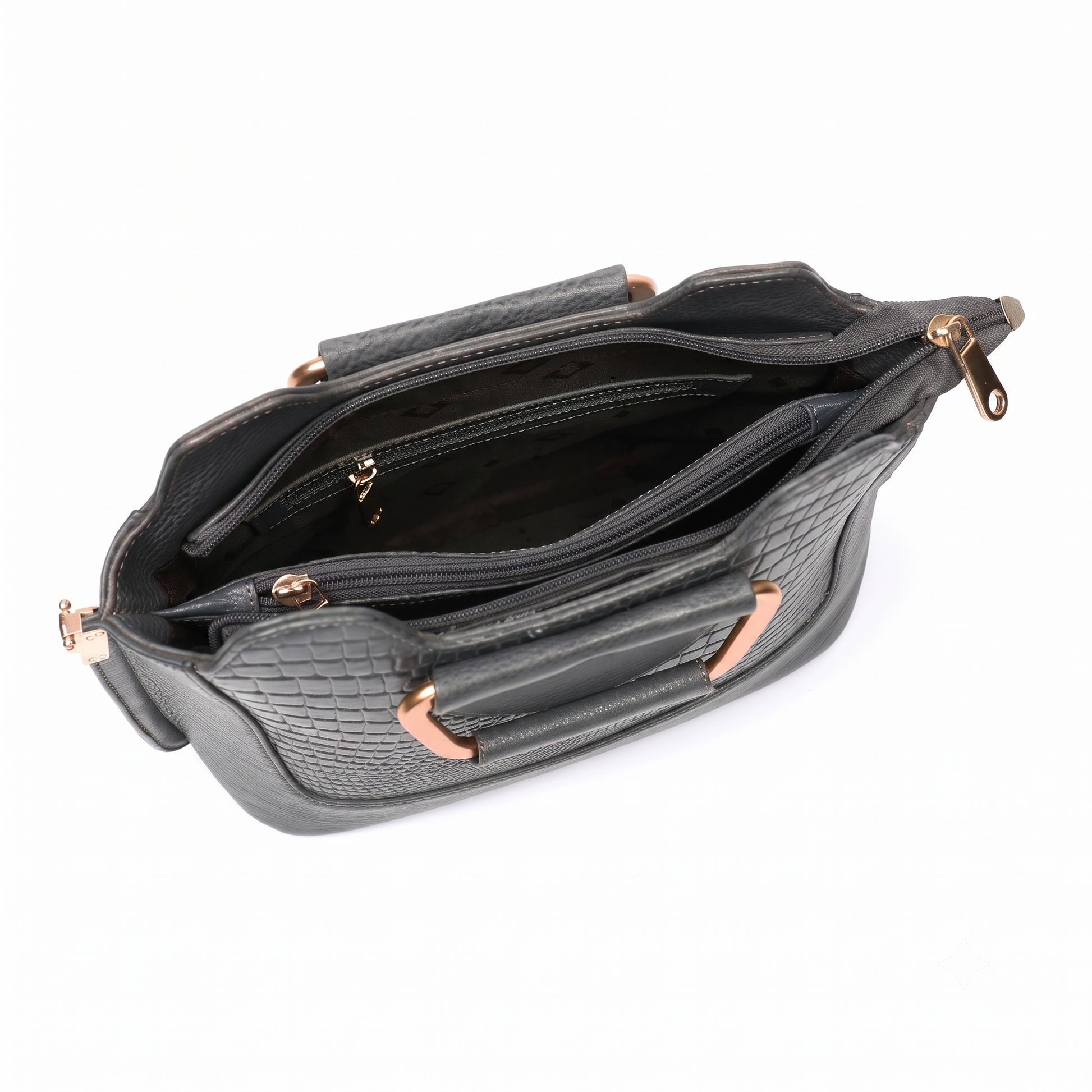 Corvia Croc Full Grain Leather Metal Top Handle Satchel Bag Open Graphite Gray