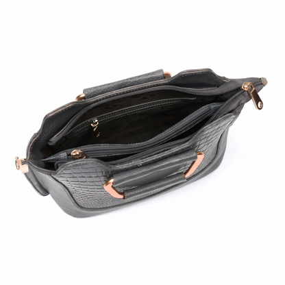 Corvia Croc Full Grain Leather Metal Top Handle Satchel Bag Open Graphite Gray