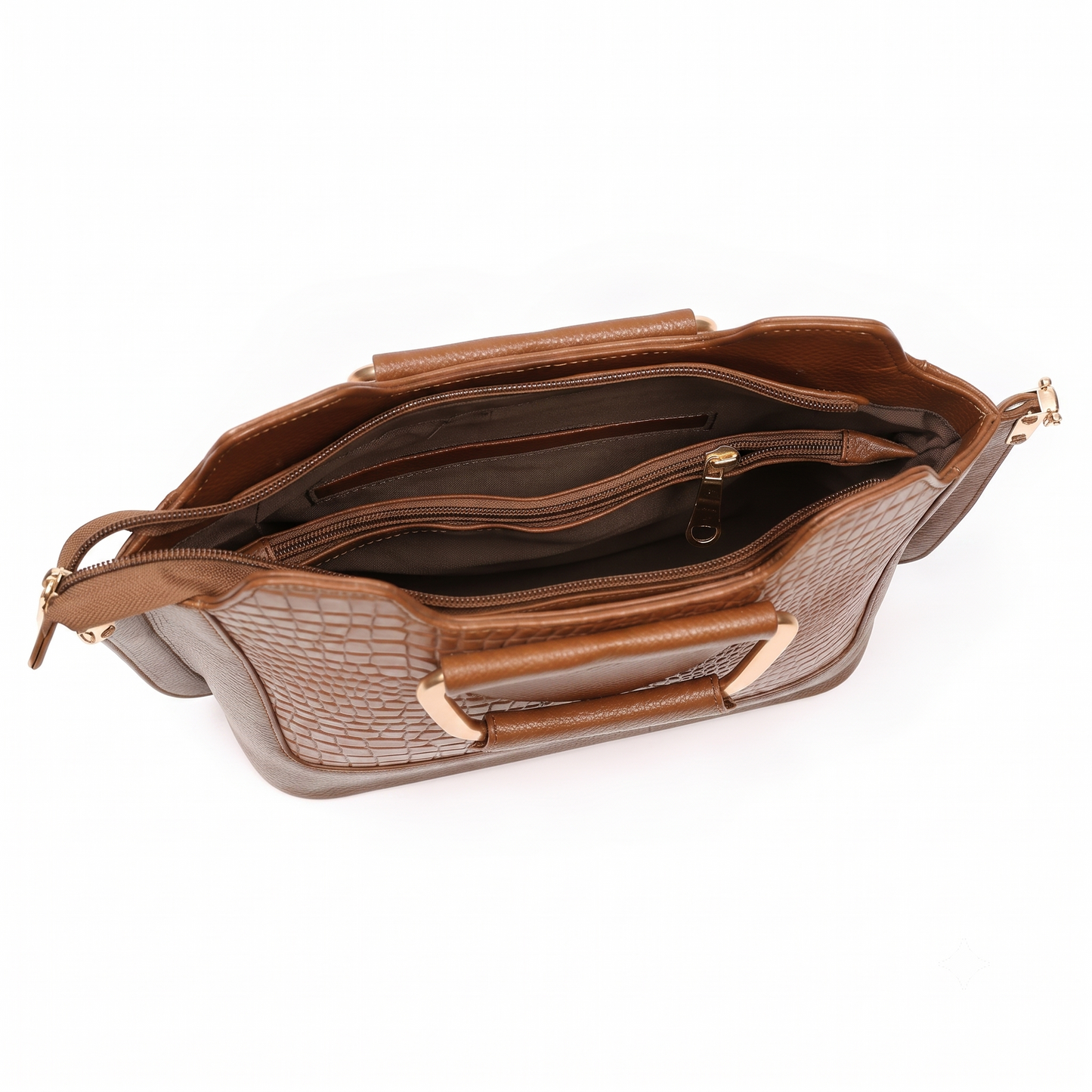 Corvia Croc Full Grain Leather Metal Top Handle Satchel Bag Open Zipper Chestnut Brown