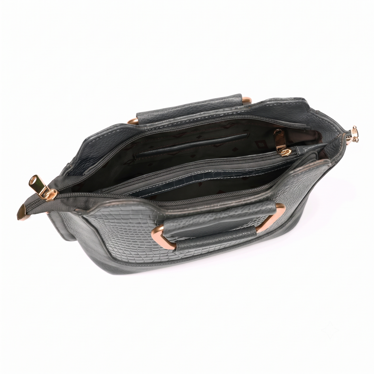 Corvia Croc Full Grain Leather Metal Top Handle Satchel Bag Open Zipper  Graphite Gray
