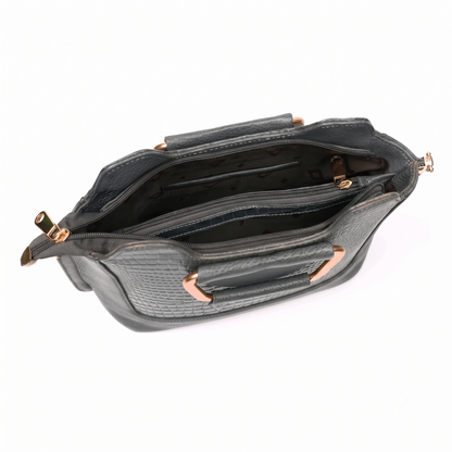Corvia Croc Full Grain Leather Metal Top Handle Satchel Bag Open Zipper  Graphite Gray