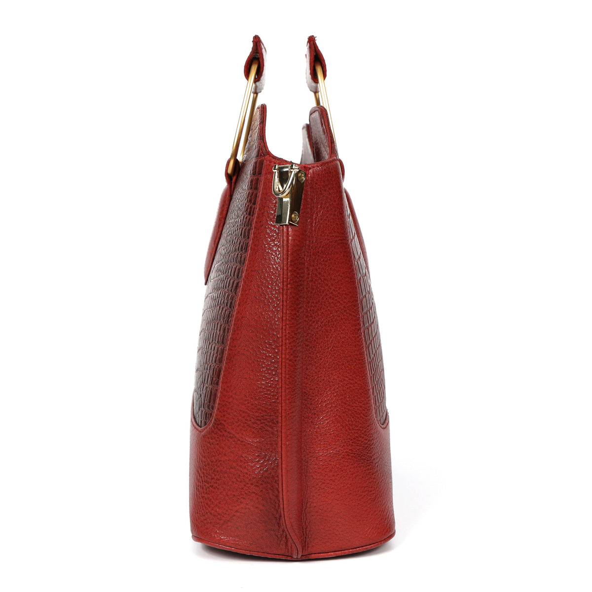 Corvia Croc Full Grain Leather Metal Top Handle Satchel Bag Side Brick Red