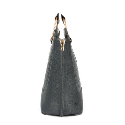 Corvia Croc Full Grain Leather Metal Top Handle Satchel Bag Side  Graphite Gray