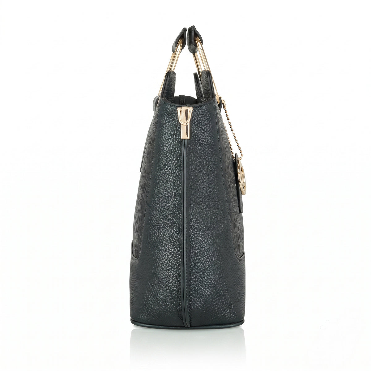 Corvia Croc Full Grain Leather Metal Top Handle Satchel Bag Side Gunmetal Green