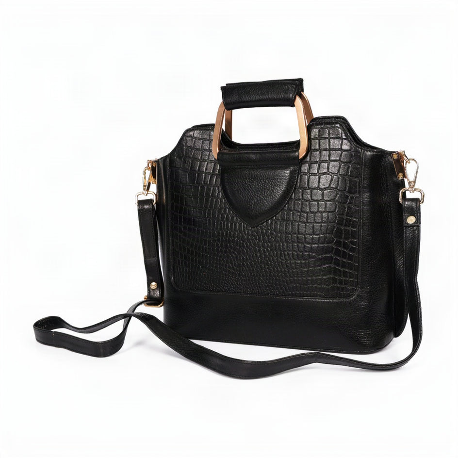 Corvia Croc Full Grain Leather Metal Top Handle Satchel Bag Strap Black