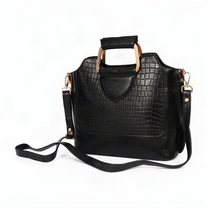 Corvia Croc Full Grain Leather Metal Top Handle Satchel Bag Strap Black