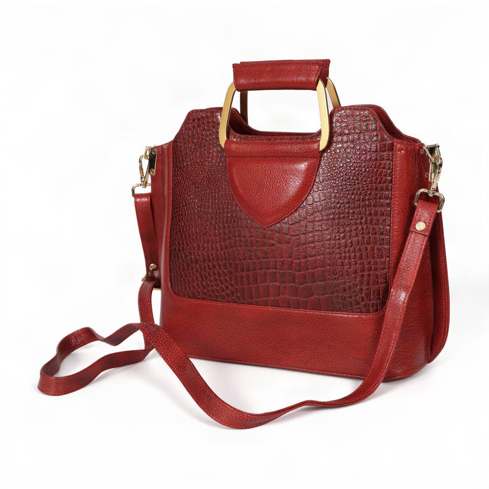 Corvia Croc Full Grain Leather Metal Top Handle Satchel Bag Strap Brick Red
